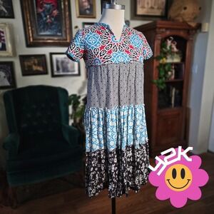 Vintage Y2K Baboona Kuwait Mixed Print Tiered Mini Dress Floral Geometric